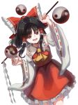  1girl armpits ascot bangs black_hair bow breasts brown_eyes collar cowboy_shot detached_sleeves frilled_bow frilled_hair_tubes frilled_skirt frills gohei hair_bow hair_tubes hakurei_reimu highres holding holding_stick matsukuzu medium_hair nontraditional_miko open_mouth orb red_bow red_shirt red_skirt ribbon-trimmed_sleeves ribbon_trim shirt sidelocks skirt skirt_set sleeveless solo stick touhou white_background white_collar wide_sleeves yellow_ascot yin_yang yin_yang_orb 