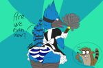  artist_mrnoone avian bird cartoon_network clothing duo girly maid_uniform male male/male mammal meme mordecai_(regular_show) procyonid raccoon regular_show rigby_(regular_show) text uniform upskirt 