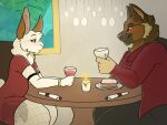  anthro blush brown_ears canid canine cinnamon_(bunwithmemes) clothed clothing dino_moo duo female fur furniture hair hi_res lagomorph leporid male male/female mammal rabbit smile table white_body white_fur 