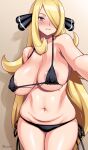  1girl areola_slip areolae bikini bikini_top black_bikini blonde_hair blush breasts covered_nipples cynthia_(pokemon) grey_eyes hair_ornament long_hair looking_at_viewer micro_bikini muffin_top navel onomeshin outstretched_arm pokemon shiny shiny_hair shiny_skin side-tie_bikini skindentation smile solo standing string_bikini swimsuit underboob very_long_hair 