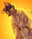  2021 anthro bottomwear canid canine canis clothing dreamworks fur gradient_background hand_in_pocket hi_res karydraws lidded_eyes male mammal mr._wolf_(the_bad_guys) pants pockets simple_background solo suit teeth the_bad_guys wolf yellow_background 