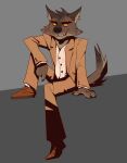  2021 anthro black_claws black_nose bottomwear brown_body brown_clothing brown_footwear brown_fur brown_shoes canid canine canis cheek_tuft claws clothed clothing dreamworks facial_tuft footwear fully_clothed fur grey_background grin head_tuft hi_res male mammal mr._wolf_(the_bad_guys) narrowed_eyes pants shirt shoes simple_background sitting smile solo submecha suit tan_body tan_fur the_bad_guys topwear tuft white_clothing white_shirt white_topwear wolf yellow_eyes 