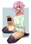  anthro cervid clothed clothing colored_nails comfy freckles girly green_eyes hair hi_res leggings legwear male mammal mojaloo nails nintendo nintendo_switch off_shoulder pink_hair sammi_(sammi_kay) solo spots stockings video_games 