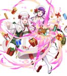  2girls amagai_tarou bangs belt boots bow braid cape choker collarbone eyebrows_visible_through_hair fire_emblem fire_emblem:_the_sacred_stones fire_emblem:_three_houses fire_emblem_heroes full_body fur_trim hat highres knee_boots long_hair long_sleeves looking_away lute_(fire_emblem) lysithea_von_ordelia multiple_girls official_art open_mouth pantyhose purple_eyes purple_hair red_legwear simple_background tied_hair transparent_background white_hair 