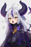  1girl ahoge anger_vein angry artist_name ascot bangs blush collar demon_horns dress eyebrows_visible_through_hair fang gotou_(nekocat) grey_background hair_between_eyes highres hololive horns la+_darknesss looking_at_viewer metal_collar multicolored_hair open_mouth purple_hair simple_background sketch sleeves_past_fingers sleeves_past_wrists solo streaked_hair striped_horns tail virtual_youtuber yellow_eyes 