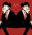  2boys adachi_tooru bad_id bad_tumblr_id black_hair black_pants black_suit brogeoisie clenched_teeth dark_persona english_text looking_at_another mirror_image multiple_boys necktie open_mouth pants persona persona_4 red_background red_necktie shadow_(persona) shadow_adachi teeth yellow_eyes 