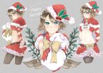 1girl akzk_kh alternate_costume blue_eyes breasts brown_hair christmas cleavage closed_mouth final_fantasy final_fantasy_x final_fantasy_x-2 gloves green_eyes happy_holidays hat heterochromia looking_at_viewer santa_hat short_hair simple_background smile solo thighhighs yuna_(ff10) 