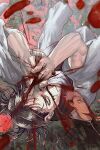  2boys black_eyes black_hair black_jacket blood choso_(jujutsu_kaisen) facial_tattoo falling fighting_stance hands_up high_collar highres itadori_yuuji jacket jujutsu_kaisen looking_at_viewer looking_away male_focus multiple_boys own_hands_together pants pink_hair scar scar_on_face short_hair short_twintails tattoo twintails upside-down white_jacket white_pants wide_sleeves yorunue_ro 