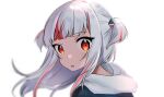  1girl backlighting face fang gawr_gura grey_hair highres hololive hololive_english long_hair looking_at_viewer looking_back maru_ccy multicolored_hair open_mouth red_eyes red_hair reflect_(gawr_gura) skin_fang solo streaked_hair two_side_up virtual_youtuber white_background 