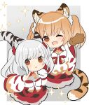  2girls animal_ears animal_hands blush brown_gloves brown_hair cindala erune gloves granblue_fantasy highres looking_at_viewer multiple_girls one_eye_closed open_mouth panda_(azarashi_suki) paw_gloves short_hair silver_hair skirt smile sparkle tail tiger_ears tiger_tail twintails white_gloves wide_sleeves 