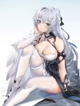  1girl bangs bare_shoulders breasts bronya_zaychik bronya_zaychik_(silver_wing) cleavage crossed_bangs earrings eyebrows_visible_through_hair ginklaga grey_eyes grey_hair hair_ornament highres honkai_(series) honkai_impact_3rd jewelry large_breasts long_hair looking_at_viewer sitting solo thighhighs tied_hair white_legwear 