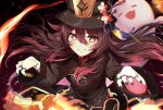  1girl black_headwear black_jacket black_nails blush brown_hair chinese_clothes commentary english_commentary eyebrows_visible_through_hair fire flat_chest floating_hair flower flower-shaped_pupils genshin_impact ghost glint gradient_hair grin hair_between_eyes hat hat_flower highres hu_tao_(genshin_impact) jacket jewelry long_hair long_sleeves looking_at_viewer meronpanne multicolored_hair multiple_rings nail_polish plum_blossoms porkpie_hat red_eyes red_hair red_shirt ring shirt signature smile solo symbol-shaped_pupils tangzhuang tassel teeth two-tone_hair upper_body v-shaped_eyebrows 