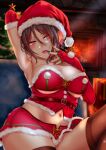  1girl arm_behind_head armpits artist_name bang_dream! bangs black_hair black_legwear blue_nails blurry blurry_background blush box breasts bustier christmas christmas_tree cleavage commission cowboy_shot dated earrings elbow_gloves finger_to_mouth fingerless_gloves fireplace fur-trimmed_gloves fur_trim gift gift_box gloves hair_between_eyes hat highres indoors jewelry large_breasts leaning_back lips looking_at_viewer nail_polish navel noir_(nowaru) open_mouth purple_eyes red_gloves santa_costume santa_gloves santa_hat short_hair signature sitting skeb_commission skindentation solo stomach teeth thighhighs tsurime underboob upper_teeth yashio_rui 
