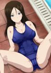 1girl bangs black_hair blue_eyes blue_swimsuit cameltoe commentary_request feet_out_of_frame girls_und_panzer highres inoshira long_hair looking_at_viewer lying m_legs nonna_(girls_und_panzer) poolside school_swimsuit solo spread_legs swept_bangs swimsuit water 