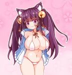  1girl :3 animal_ear_fluff animal_ears bell bikini blush borrowed_character breasts butterfly_tattoo cat_ears cat_girl facial_tattoo hair_bell hair_ornament highres jacket jingle_bell large_breasts long_hair micro_bikini navel open_clothes open_jacket oppai_loli original paruya pink_background pink_eyes purple_hair solo sul-lin-a swimsuit tattoo twintails very_long_hair white_bikini 