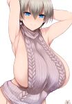  1girl armpits arms_behind_head arms_up bangs blue_eyes breasts cat closed_mouth eyebrows_visible_through_hair grey_hair hair_between_eyes highres looking_at_viewer meme_attire naked_sweater out-of-frame_censoring shiny shiny_skin short_hair simple_background sleeveless sleeveless_sweater smile sweater tsukasawa_takamatsu turtleneck turtleneck_sweater uzaki-chan_wa_asobitai! uzaki_hana virgin_killer_sweater 
