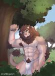  abs absurd_res anthro armpit_hair blue_eyes body_hair bottomwear chest_hair clothing coffeline felid forest hi_res lion loincloth looking_at_viewer male mammal muscular nipples pantherine plant pubes scar solo tree 