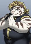  2021 absurd_res anthro blue_eyes bulge clothed clothing cute_fangs felid hi_res kemono licho_(tas) lifewonders male mammal overweight overweight_male pantherine ptcmtr solo tiger tokyo_afterschool_summoners video_games white_body 