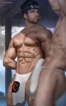 2boys abs arms_behind_back bara black_hair blurry blurry_background bulge cigarette day erection erection_under_clothes facial_hair forehead_protector fundoshi highres japanese_clothes large_pectorals looking_at_viewer male_focus mouth_hold multiple_boys muscular muscular_male naruto naruto_(series) naruto_shippuuden navel nipples outdoors pectorals sarutobi_asuma short_hair thick_thighs thighs ydendraws 