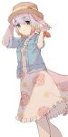  1girl adjusting_clothes adjusting_headwear alenka alternate_costume alternate_hairstyle blonde_hair blue_eyes braid chinese_white_dolphin_(kemono_friends) commentary_request cowboy_shot denim denim_jacket dolphin_girl dolphin_tail dress eyebrows_visible_through_hair fins floral_print frilled_dress frilled_jacket frills hat highres jacket kemono_friends kemono_friends_3 multicolored_hair official_alternate_costume open_clothes open_jacket orange_hair pink_dress short_braid short_hair short_sleeves solo sun_hat twin_braids 