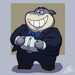  2021 anthro biped bottomwear bow_tie clothing dreamworks fish grey_body hi_res male marine marshmallowpupy mr._shark_(the_bad_guys) overweight overweight_male pants shark shirt solo suit the_bad_guys topwear 