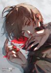  1boy bai_qi_(love_and_producer) bangs blood blood_on_face brown_eyes brown_hair brown_jacket covering_mouth earpiece earrings highres holding jacket jewelry long_sleeves looking_at_viewer love_and_producer lying male_focus nosebleed on_back on_floor one_eye_closed rabbitcamilla shadow short_hair solo 