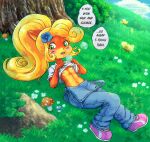  2019 accessory activision anthro arthropod bandicoot blonde_hair blush butterfly clothed clothing clothing_lift cloud coco_bandicoot crash_bandicoot_(series) day detailed_background dialogue english_text eyebrow_through_hair eyebrows female flat_chested flower flower_in_hair fungus grass green_eyes hair hair_accessory hi_res insect lepidopteran lying mammal marsupial mushroom navel nipples on_back open_mouth outside overalls plant ponytail reptile scalie scribbie shirt shirt_lift shrub snake solo text topwear translucent translucent_hair tree video_games young 