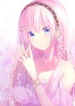  1girl bare_shoulders blue_eyes bracelet breasts commentary dress earrings eyebrows_visible_through_hair falling_petals flower glint hair_ornament hairclip highres interlocked_fingers jewelry large_breasts long_hair looking_at_viewer megurine_luka petals pink_hair ring shiohari_kanna smile solo vocaloid 