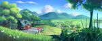  absurdres architecture brick_wall cloud commentary_request day east_asian_architecture fence field flower foliage grass highres house lake leaf mountainous_horizon no_humans original pink_flower road rock scenery sky stairs town tree zhaohengyu2 