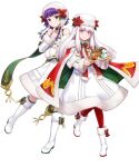  2girls amagai_tarou bangs belt boots bow braid cape choker collarbone eyebrows_visible_through_hair fire_emblem fire_emblem:_the_sacred_stones fire_emblem:_three_houses fire_emblem_heroes full_body fur_trim hat highres knee_boots long_hair long_sleeves looking_away lute_(fire_emblem) lysithea_von_ordelia multiple_girls official_art open_mouth pantyhose purple_eyes purple_hair red_legwear simple_background tied_hair transparent_background white_hair 