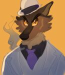  2021 agen7m0than annoyed anthro black_clothing black_shirt black_topwear brown_body brown_fur bust_portrait canid canine canis cheek_tuft clothing digital_media_(artwork) digital_painting_(artwork) facial_tuft fur half-closed_eyes hat headgear headwear male mammal mr._wolf_(the_bad_guys) narrowed_eyes necktie orange_background orange_eyes portrait purple_necktie shirt simple_background smoke smoking solo tan_body tan_fur the_bad_guys topwear tuft white_clothing white_hat white_headwear white_topwear wolf 