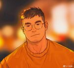  1boy bespectacled black_eyes brown_hair city_lights closed_mouth facial_hair glasses looking_at_viewer male_focus orange_shirt original shirt solo spiked_hair stubble t-shirt thick_eyebrows undercut xian_miao 