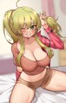  1girl blonde_hair breasts cleavage commentary_request green_eyes highres kaptivate large_breasts long_hair looking_at_viewer midriff nitroplus one_eye_closed sitting smile solo thighs twintails 