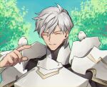  1boy armor bangs bird black_bodysuit bodysuit closed_eyes fate/grand_order fate_(series) hair_between_eyes highres male_focus muscular muscular_male none_(kameko227) open_mouth percival_(fate) short_hair smile solo white_bird white_hair 