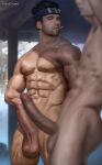  2boys abs arms_behind_back bara black_hair blurry blurry_background bulge cigarette day erection erection_under_clothes facial_hair forehead_protector highres large_pectorals looking_at_viewer male_focus mouth_hold multiple_boys muscular muscular_male naruto naruto_(series) naruto_shippuuden navel nipples nude outdoors pectorals penis sarutobi_asuma short_hair thick_thighs thighs veins veiny_penis ydendraws 