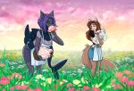  4322chan anthro blue_body bouquet canid canine clothed clothing detailed_background duo female fish flower flower_bouquet fox fur hair hi_res holding_object looking_at_another mammal marine plant purple_hair red_hair shark smile tan_body tan_fur 