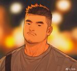  1boy black_eyes brown_hair city_lights closed_mouth facial_hair grey_shirt looking_at_viewer male_focus mustache original shirt solo spiked_hair strap stubble t-shirt thick_eyebrows undercut xian_miao 