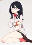 ... absurdres artist_name bangs black_hair black_skirt blue_eyes bow bowtie breasts cardigan closed_mouth clothes_grab collared_shirt from_side grey_background gridman_universe highres long_hair long_sleeves looking_to_the_side medium_breasts on_floor once_11h orange_scrunchie pleated_skirt red_legwear red_neckwear school_uniform scrunchie seiza shirt simple_background sitting skirt sleeve_grab sleeves_pushed_up socks speech_bubble ssss.gridman straight_hair tattoo thighs white_cardigan white_shirt wing_collar wrist_scrunchie 