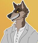  2021 anthro azmodeus black_nose brown_body brown_fur canid canine canis cheek_tuft clothing dreamworks facial_tuft fur grey_clothing grey_topwear grin head_tuft hi_res male mammal mr._wolf_(the_bad_guys) narrowed_eyes shirt signature simple_background smile solo tan_body tan_fur the_bad_guys topwear tuft white_clothing white_shirt white_topwear wolf yellow_background yellow_eyes 