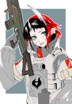  1girl apex_legends bangs black_hair blue_background blue_eyes closed_mouth commentary_request cosplay demon_girl demon_horns eyes_visible_through_hair gibraltar_(apex_legends) gibraltar_(apex_legends)_(cosplay) gun hatori_naco highres holding holding_gun holding_weapon horns looking_to_the_side multicolored_hair pointy_ears red_hair ryugasaki_rene short_hair simple_background smile solo sugar_lyric tongue tongue_out tooth_necklace two-tone_hair upper_body virtual_youtuber weapon white_background 
