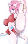  anthro blue_eyes breasts clothed clothing felid feline female fluffy fluffy_tail fur hair hi_res mammal mellonsoda open_mouth partially_clothed pink_body pink_fur pink_hair simple_background solo teeth tongue white_background 