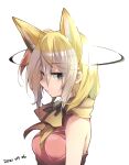  1girl adapted_costume animal_ear_fluff animal_ears blonde_hair bow bowtie commentary_request dated extra_ears eyebrows_visible_through_hair fennec_(kemono_friends) fox_ears fox_girl grey_eyes highres kemono_friends looking_at_viewer multicolored_hair nanana_(nanana_iz) pink_sweater profile short_hair simple_background sleeveless solo sweater upper_body white_background white_hair yellow_bow yellow_bowtie 
