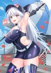  1girl absurdres armpits azur_lane bouhuuu breasts commentary_request enterprise_(azur_lane) enterprise_(wind_catcher)_(azur_lane) eyebrows_visible_through_hair grey_hair highres large_breasts long_hair open_mouth presenting_armpit purple_eyes race_queen side_cutout sunglasses teeth umbrella upper_teeth 