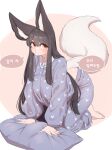  5_fingers 5_toes ahri_(lol) all_fours animal_humanoid baggy_clothing baggy_pants baggy_shirt baggy_topwear barefoot big_breasts big_ears biped black_body black_ears black_fur black_hair black_inner_ear blue_bottomwear blue_clothing blue_pajamas blue_pants blue_shirt blue_topwear bottomwear breasts butt canid canid_humanoid canine canine_humanoid clothed clothing dialogue digital_media_(artwork) eyelashes feet female fingers fluffy fluffy_ears fluffy_tail fox_humanoid front_view full-length_portrait fully_clothed fur glistening glistening_body glistening_butt glistening_eyes glistening_hair glistening_skin hair heart_pattern heart_print hi_res humanoid humanoid_feet humanoid_hands inner_ear_fluff korean_text league_of_legends light_body light_skin long_ears long_hair looking_at_viewer mammal mammal_humanoid markings monotone_ears monotone_hair monotone_tail multicolored_body multicolored_fur pajamas pants pattern_clothing pillow pink_background plantigrade portrait pupils red_pupils riot_games shirt simple_background solo speech_bubble talking_to_viewer tan_eyes text three-quarter_view toes topwear tuft two_tone_body two_tone_fur video_games whisker_markings white_inner_ear_fluff white_tail yabby 