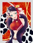  1girl alternate_costume animal_ears animal_print bangs bell belt black_hair black_nails blue_eyes border breasts brown_belt chinese_zodiac commentary_request cow_ears cow_print cowboy_shot demon_girl demon_horns ear_piercing ear_tag fur_coat gem grey_border hatori_naco highres horns jewelry jingle_bell large_breasts looking_at_viewer midriff multicolored_hair nail_polish open_mouth pants piercing pointy_ears print_coat red_background red_hair red_sports_bra ring ryugasaki_rene short_hair smile solo sports_bra sugar_lyric two-tone_hair v virtual_youtuber white_pants year_of_the_ox 