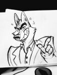  2021 absurd_res anthro canid canine canis cheek_tuft claws clothing drawingsolange dreamworks facial_tuft fur grin head_tuft hi_res male mammal monochrome mr._wolf_(the_bad_guys) narrowed_eyes shirt smile solo the_bad_guys topwear tuft wolf 