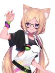  1girl absurdres aki_rosenthal alternate_costume animal_ear_fluff animal_ears belt black-framed_eyewear blonde_hair cat_ears glasses highres hololive long_hair maru_ccy mismatched_nail_polish nail_polish overalls parted_lips purple_eyes simple_background solo twintails upper_body virtual_youtuber white_background wristband 