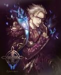  1boy bespectacled blue_eyes bug butterfly closed_mouth commentary facial_hair fate/grand_order fate_(series) glasses gloves grey_hair highres james_moriarty_(fate) koshika_rina long_sleeves looking_at_viewer male_focus mustache short_hair smile solo 