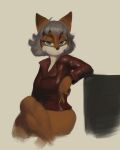  anthro blue_eyes bottomless canid canine cigarette clothed clothing crossed_legs female fox hair hi_res jacket looking_at_viewer mammal short_hair simple_background sitting solo tenacitrus topwear 