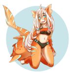  2019 absurd_res alpha_channel anthro blue_eyes clothing female fish hair hi_res kneeling looking_at_viewer marine murzikteijiro navel open_mouth shark simple_background solo striped_body stripes sushi_(sootsprite) swimwear teeth tongue transparent_background white_hair 